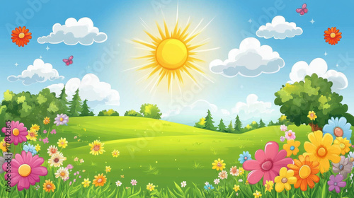 Bright and cheerful cartoon spring landscape with colorful flowers, sun, and butterflies. perfect scene for nature lovers and joyful atmosphere