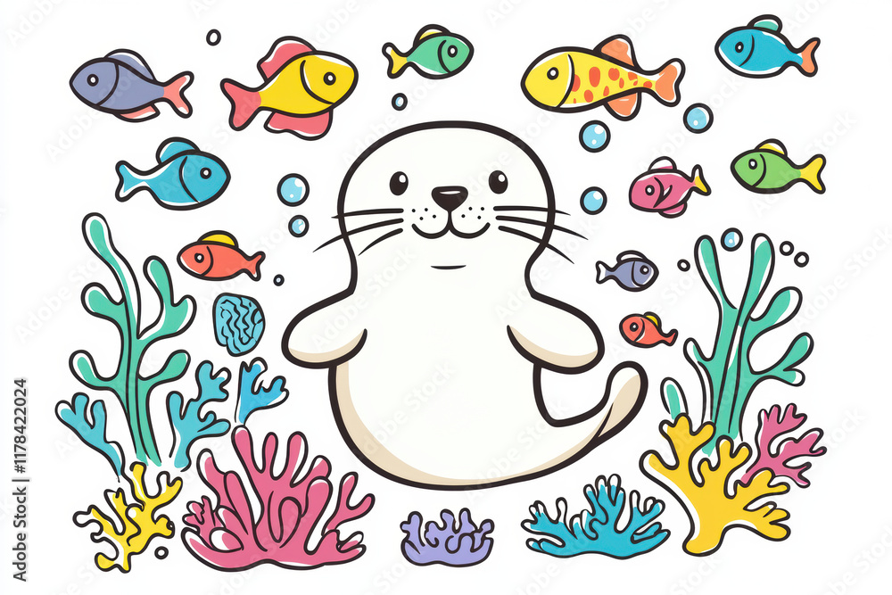Fototapeta premium Cute seal surrounded by colorful fish and vibrant coral reefs