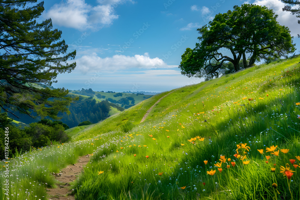 Scenic Hillside with Wildflowers and Winding Path Under Clear Blue Sky Scenic Hillside with Wildflowers and Winding Path Under Clear Blue Sky