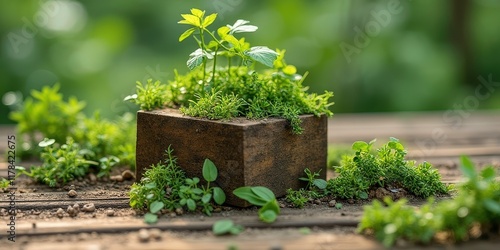 Tiny Garden in a Wooden Box: A small wooden box overflowing with vibrant green moss and tiny plants, capturing a moment of natural beauty and tranquility. 