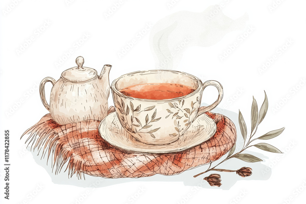 Fototapeta premium vintage tea set with steaming cup and teapot on cozy mat