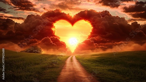Heart-shaped cloud with the sun setting behind it, dirt road leading to the light through love-shaped clouds, in fantasy art style with warm colors, red sky, and a happy, sunny atmosphere.
