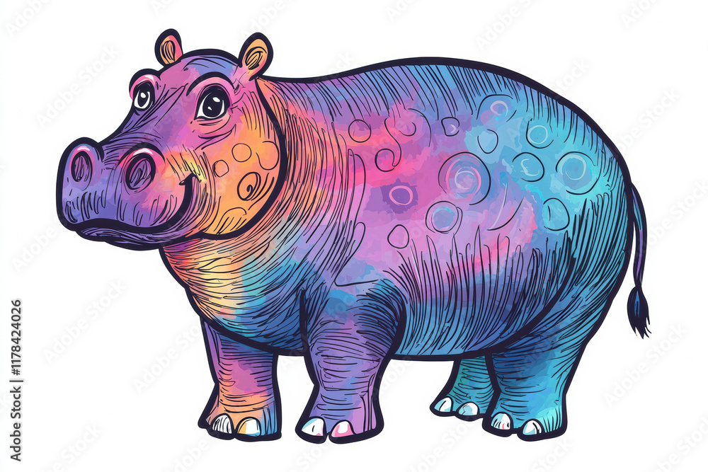 Fototapeta premium Colorful hippo illustration with vibrant patterns and playful expression