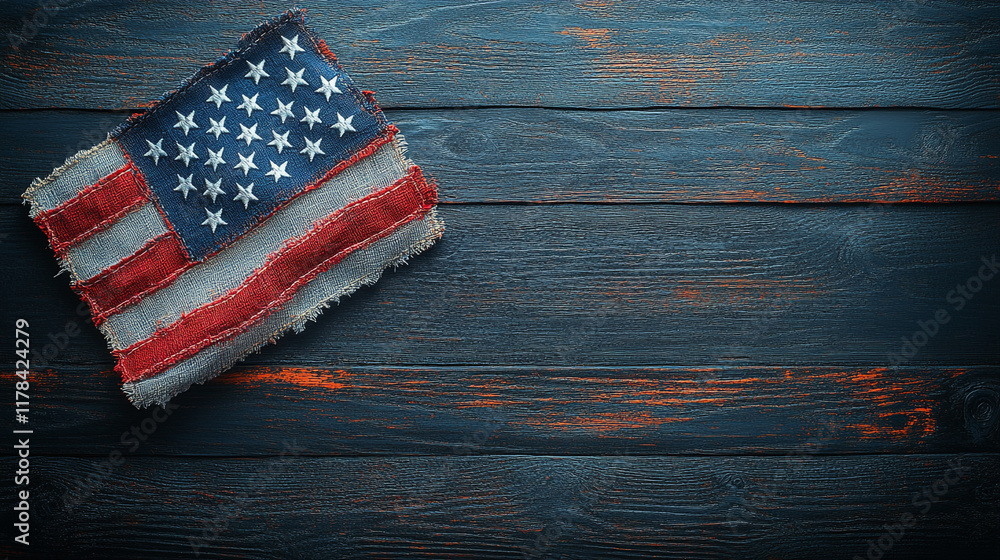Obraz premium American flag patch on rustic wooden surface conveys patriotism and craftsmanship