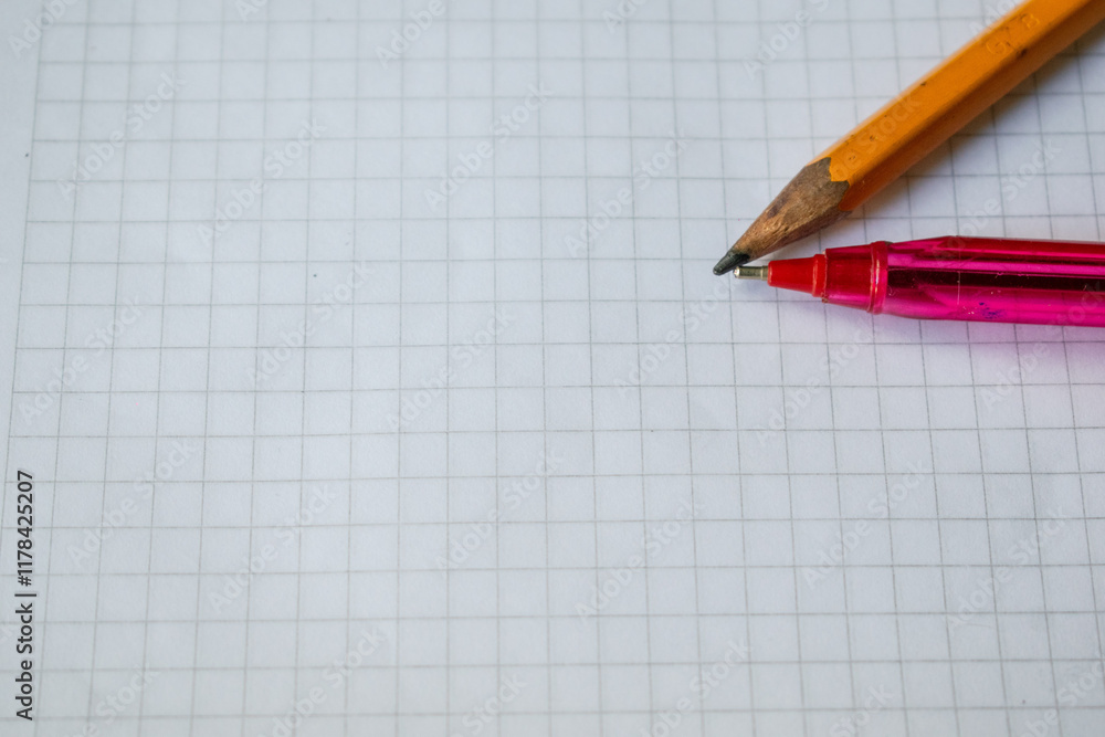 A pencil and red pen placed on a white grid paper sheet, symbolizing creativity, writing, and organization. This simple and versatile image is perfect for projects related to education, stationery A pencil and red pen placed on a white grid paper sheet, symbolizing creativity, writing, and organization. This simple and versatile image is perfect for projects related to education, stationery