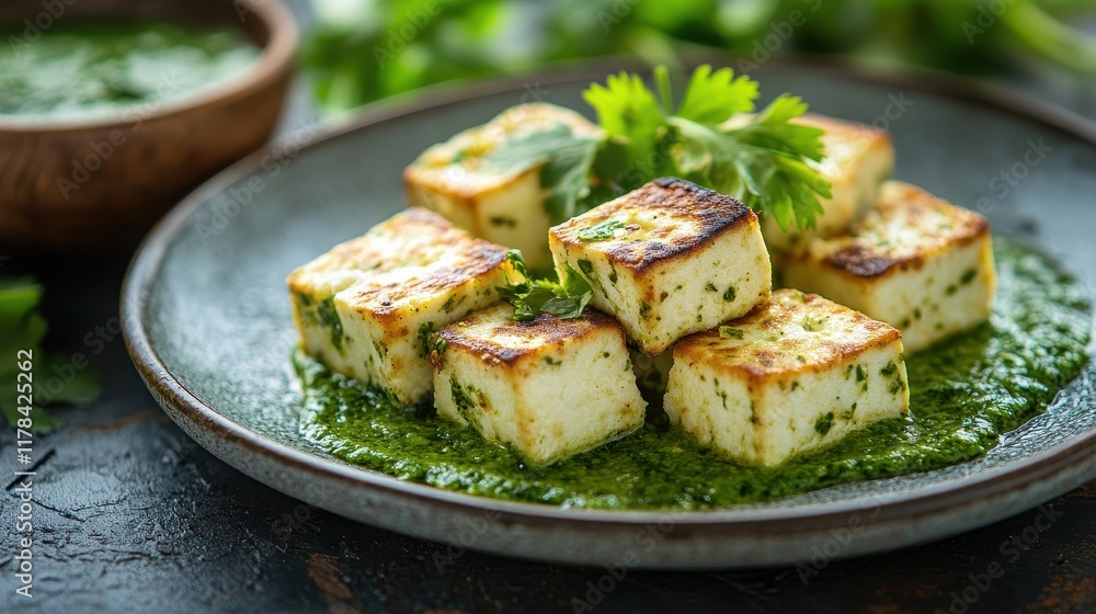 Grilled paneer cubes in cilantro chutney. A delicious Indian dish, perfect for blogs or menus. Grilled paneer cubes in cilantro chutney. A delicious Indian dish, perfect for blogs or menus.