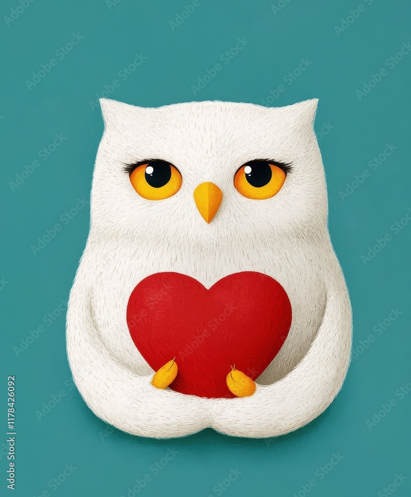 Fototapeta premium A charming white owl cradles a vibrant red heart in its paws, symbolizing love and affection on Valentine's Day.