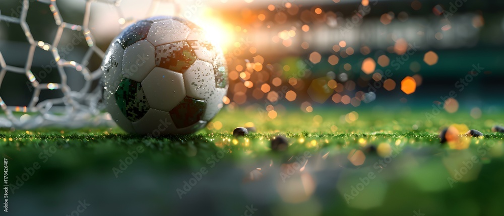 Fototapeta premium Close-Up of Wet Soccer Ball on Grass Field with Glowing Background and Bokeh Effect in Bright Setting Sun
