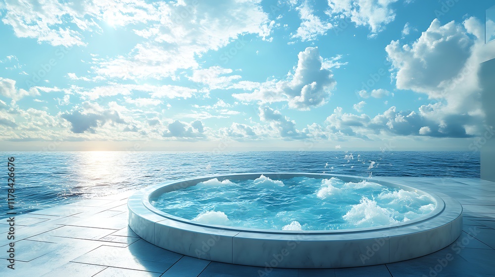 A modern infinity hot tub on a terrace, blending into the endless blue ocean under a dramatic sky with scattered clouds, soft sunlight reflecting off the water, evoking luxury and tranquility, A modern infinity hot tub on a terrace, blending into the endless blue ocean under a dramatic sky with scattered clouds, soft sunlight reflecting off the water, evoking luxury and tranquility,