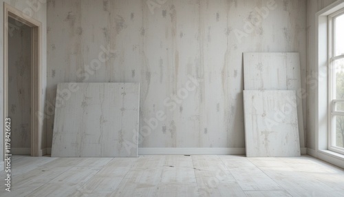 If you look closely you can see the grainy surface of the drywall sheets as they lean against one another in a peaceful vacant room awaiting transformation. photo