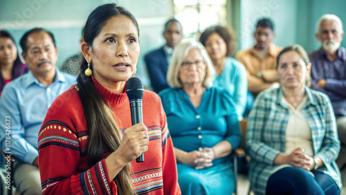 Woman speaking passionately at a community meeting with an attentive audience in a vibrant setting