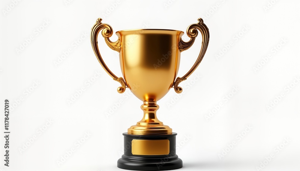 Shiny gold trophy stands isolated on white background. Classic design with ornate handles. Represents achievement, success. Award ceremony competition winner concept. Great photo for success Shiny gold trophy stands isolated on white background. Classic design with ornate handles. Represents achievement, success. Award ceremony competition winner concept. Great photo for success