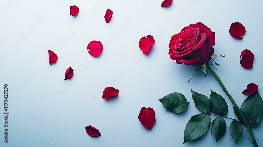 A single red rose flower with fresh petals and green leaves, isolated on a white background A single red rose flower with fresh petals and green leaves, isolated on a white background