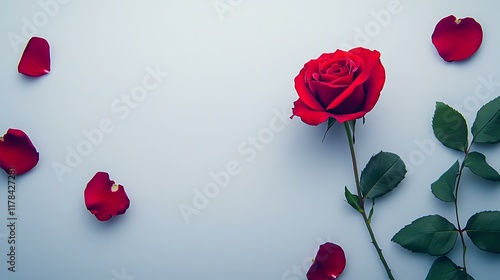 Fototapeta Naklejka Na Ścianę i Meble -  A single red rose flower with fresh petals and green leaves, isolated on a white background