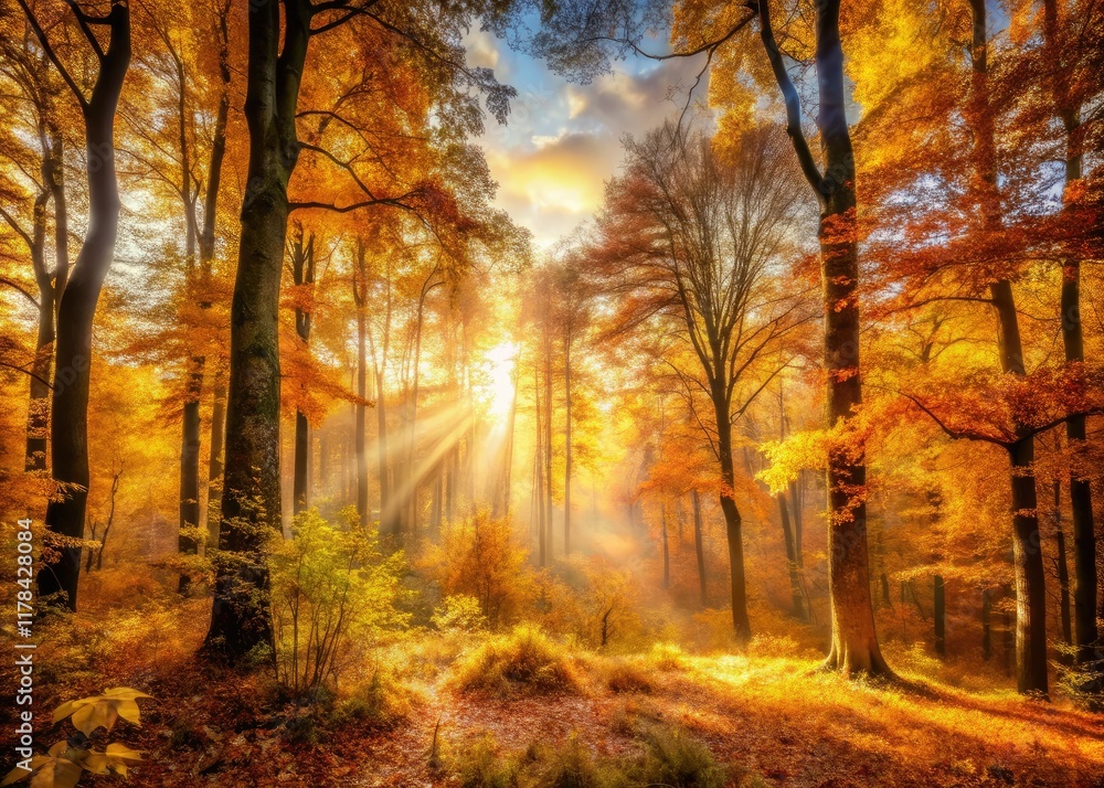 Fototapeta premium Autumn Forest Double Exposure - Morning Golden Hues