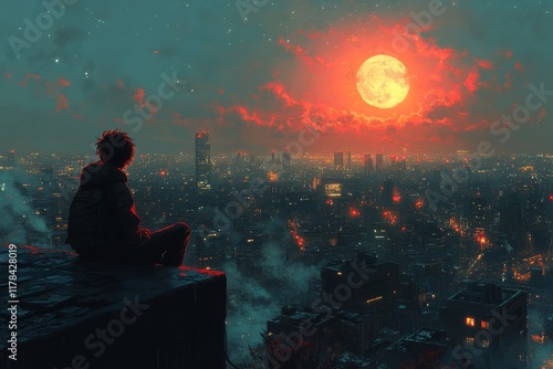 A man is sitting on a ledge looking out at a city with a large red moon in the s photo