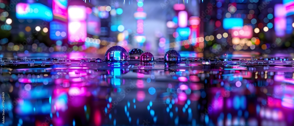 Obraz premium Vibrant Cityscape with Colorful Neon Lights and Raindrops on Wet Surface in Urban Night Setting