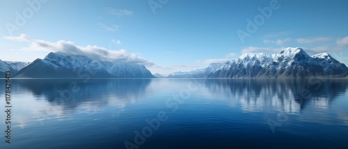 Serene Mountain Landscape with Snowy Peaks and Crystal Clear Reflections in Calm Water Under Bright Blue Sky