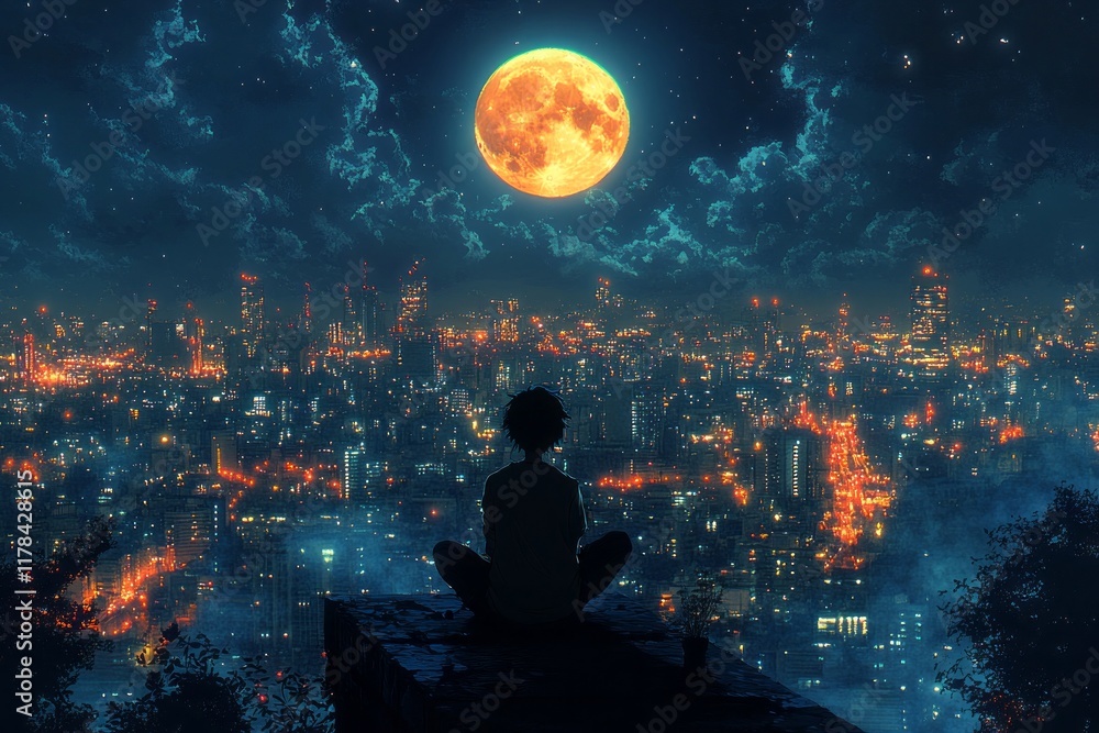 Obraz premium A person is sitting on a ledge looking at the moon