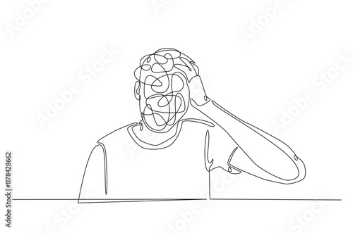 Man in depression, stressed, headache and despair continuous one line drawing. Single line art illustration of confusing and stressed person. Editable vector.