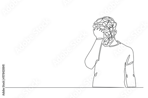 Man in depression, stressed, headache and despair continuous one line drawing. Single line art illustration of confusing and stressed person. Editable vector.