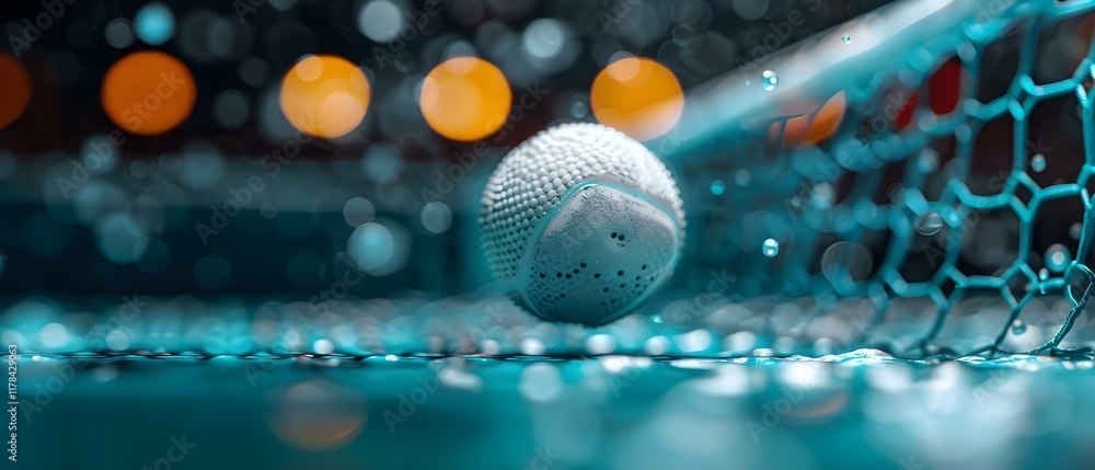 Fototapeta premium Close-Up of a Water Droplet-Laden Sports Ball Just Before Hitting the Net at Night with Blurred Bokeh Background