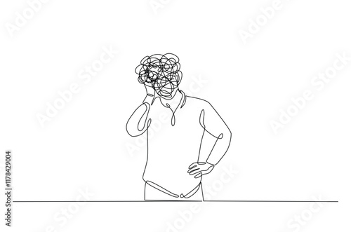 Man in depression, stressed, headache and despair continuous one line drawing. Single line art illustration of confusing and stressed person. Editable vector.