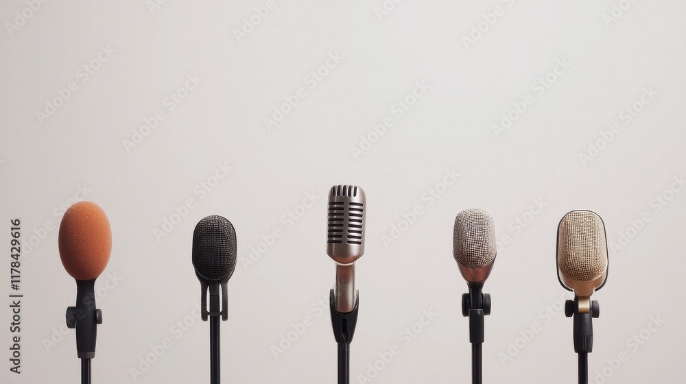 Five different microphones stand in a row against a plain background, showcasing various styles and designs. Five different microphones stand in a row against a plain background, showcasing various styles and designs.