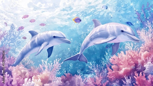 Two Dolphins Swimming in a Vibrant Coral Reef photo