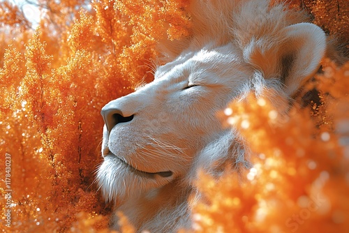 White Lion Sleeping Amidst Autumnal Foliage photo