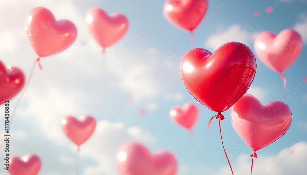 Romantic Heart Balloons Floating in a Sunny Sky - Valentine's Day, Love, Romance Romantic Heart Balloons Floating in a Sunny Sky - Valentine's Day, Love, Romance