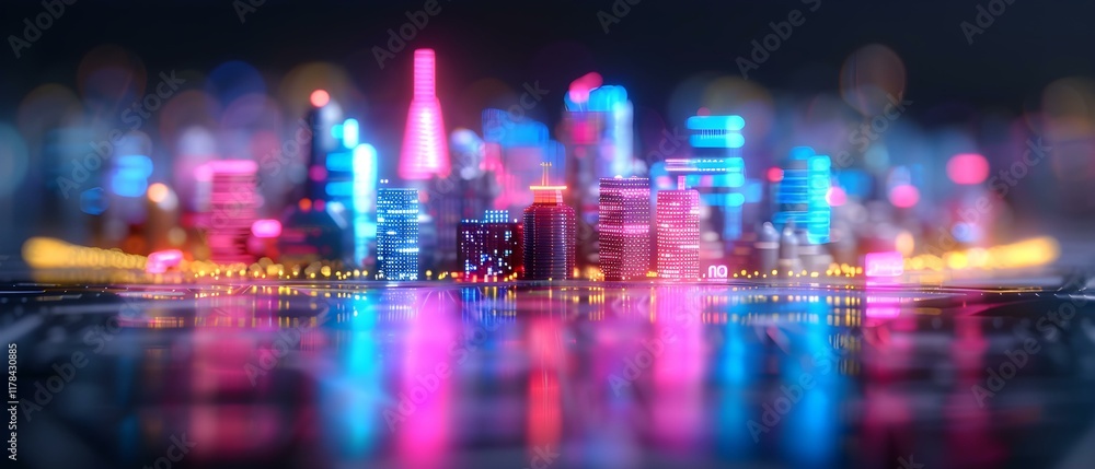 Obraz premium Futuristic Cityscape at Night with Vibrant Neon Lights and Reflections on Water Surface