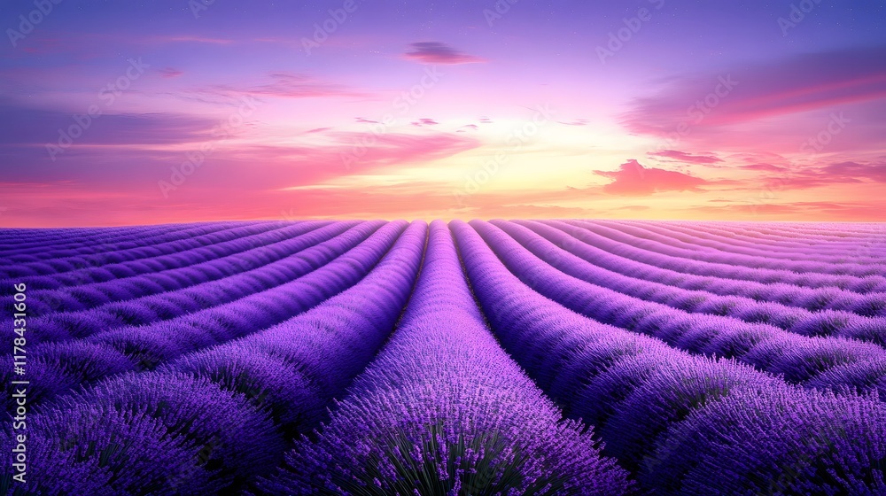 A serene lavender field under the twilight sky, with rows of purple flowers stretching to the horizon. captures the tranquility and beauty of nature A serene lavender field under the twilight sky, with rows of purple flowers stretching to the horizon. captures the tranquility and beauty of nature