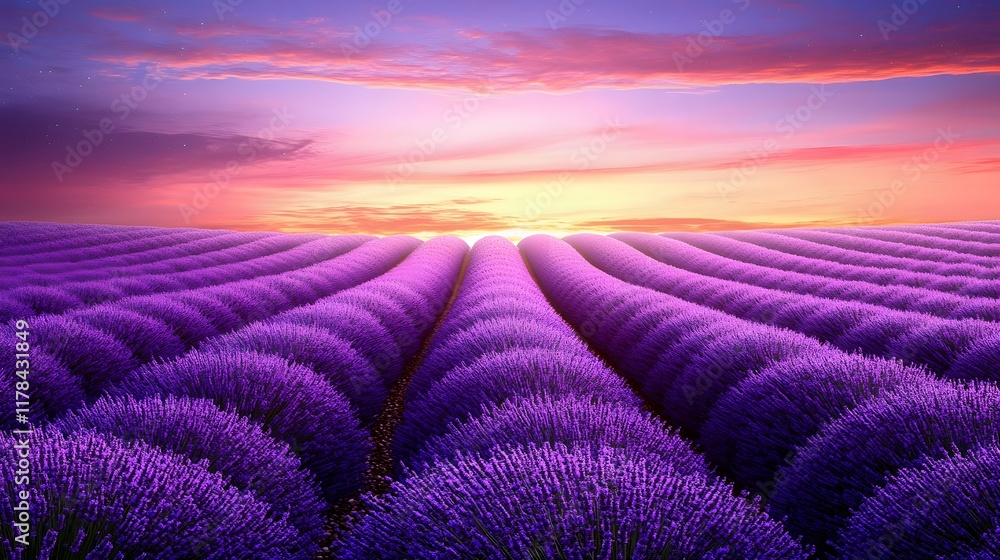 A serene lavender field under the twilight sky, with rows of purple flowers stretching to the horizon. captures the tranquility and beauty of nature A serene lavender field under the twilight sky, with rows of purple flowers stretching to the horizon. captures the tranquility and beauty of nature