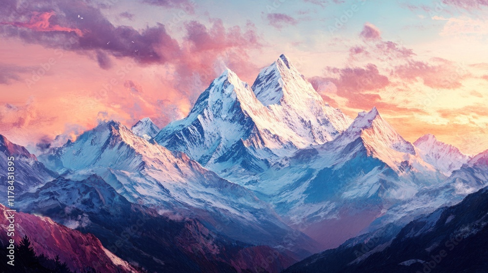 Majestic Snowy Mountain Range at Sunset Majestic Snowy Mountain Range at Sunset