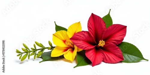 Hibiscus Harmony: Vibrant red and yellow hibiscus flowers arranged artfully with lush green leaves. A captivating display of tropical beauty.