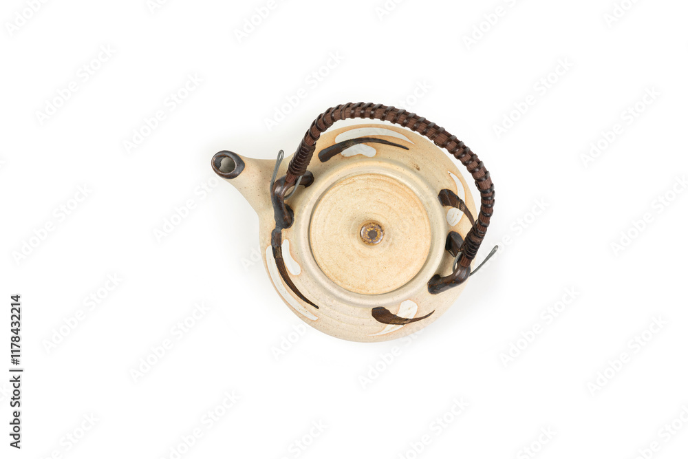 Top view, Japanese style old clay teapot with wooden handle isolated on a white background.. Top view, Japanese style old clay teapot with wooden handle isolated on a white background..