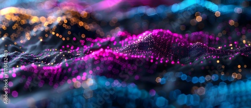 Abstract colorful digital landscape with glowing particles and bokeh effects, ideal for technology or science themes photo