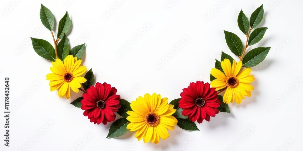Obraz premium Floral Frame: A vibrant arrangement of red and yellow gerbera daisies and green leaves forms a beautiful, symmetrical frame, perfect for your designs. Diwali, makar sankranti, holi, new year