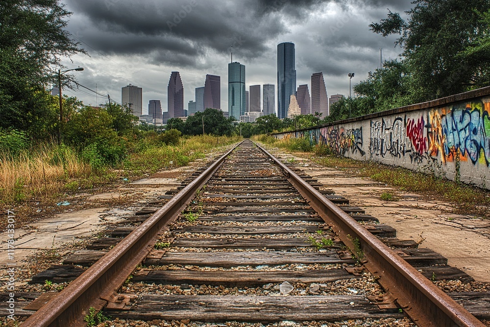 Naklejka premium Rusty Railroad Tracks Lead to City Skyline Under Stormy Clouds, Urban Decay Meets Modern Architecture
