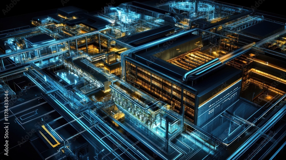 Futuristic digital factory complex, intricate network of glowing lines and structures. Futuristic digital factory complex, intricate network of glowing lines and structures.