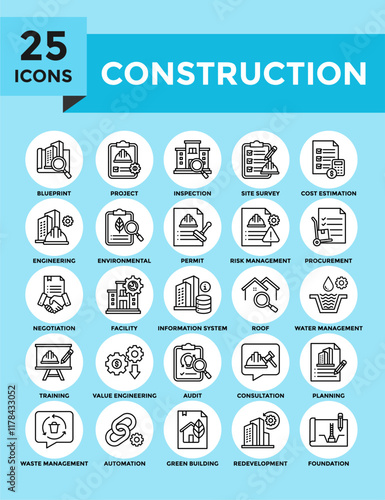 Construction icon collection set. Containing design industry, construction, site, business, safety, architecture	