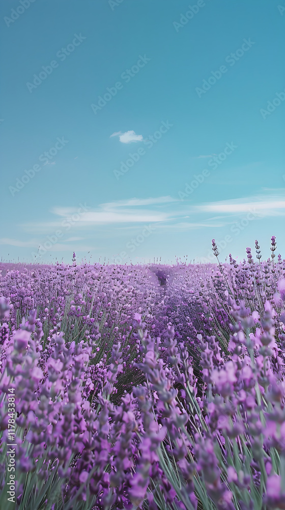 Naklejka premium Tranquil Lavender Field Under Clear Blue Sky Highlighting Hues of Purple and Blue in Serene Landscape