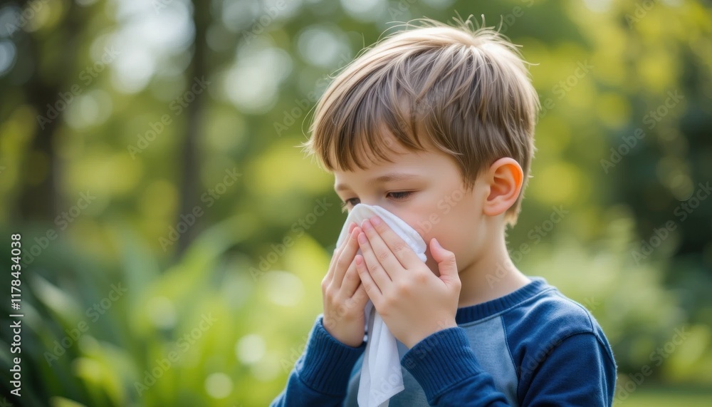 A young boy sneezing into a handkerchief while standing outdoors,surrounded by greenery, symbolizing allergies or seasonal illness. A young boy sneezing into a handkerchief while standing outdoors,surrounded by greenery, symbolizing allergies or seasonal illness.
