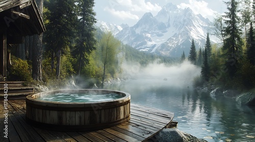 A rustic hot tub crafted from aged wood, placed on a wooden deck beside a secluded mountain cabin, with mist rolling through the dense forest and snow-capped peaks in the distance, natural tones, photo