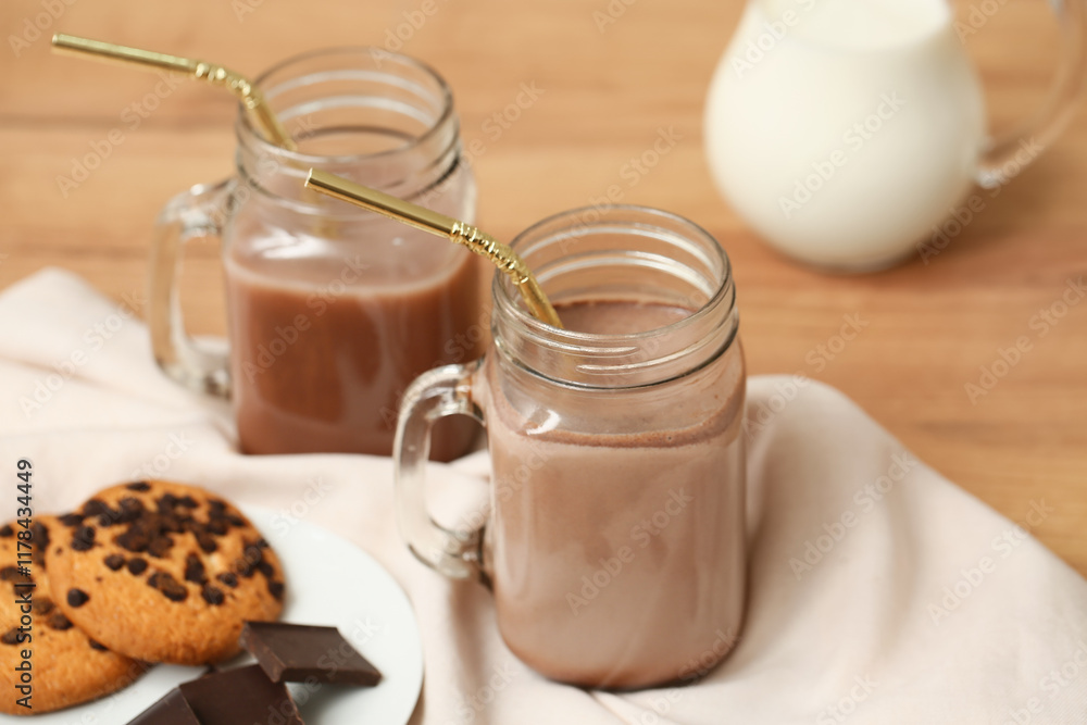 Mason jars of sweet chocolate milk and plate with tasty cookies on wooden background Mason jars of sweet chocolate milk and plate with tasty cookies on wooden background