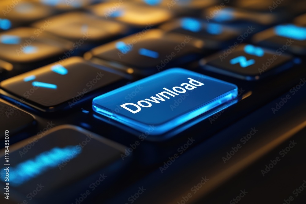 Close-up of illuminated Download button on futuristic keyboard with glowing edges, emphasizing digital technology and downloading processes. Close-up of illuminated Download button on futuristic keyboard with glowing edges, emphasizing digital technology and downloading processes.