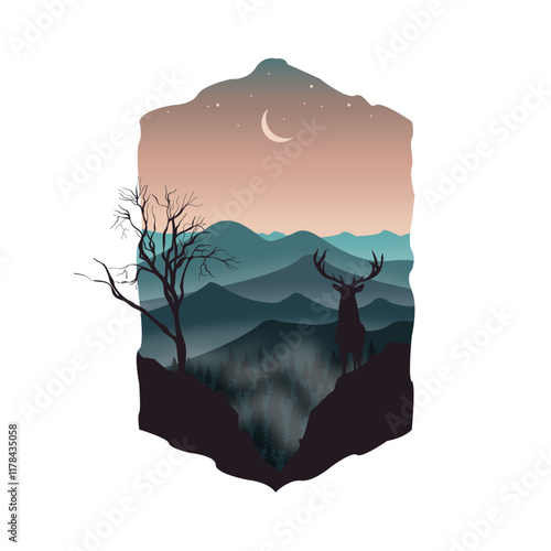 Deer silhouette in nature green night landscape masked with grunge shape vector