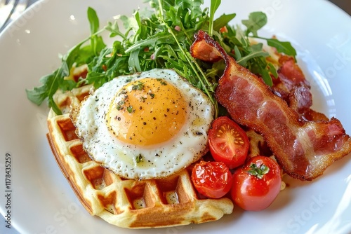 Delicious Breakfast Plate with Waffles, Fried Egg, Bacon, Cherry Tomatoes, and Greens - Homestyle Cooking and Hearty Morning Meal Inspiration. photo