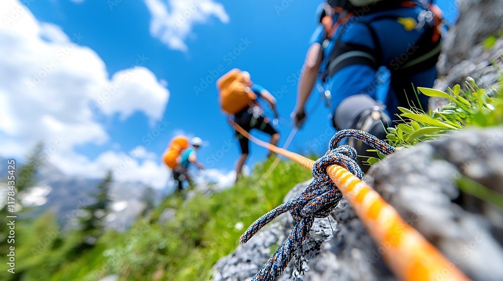 Climbers ascending a mountain, rope in focus, showcasing teamwork and adventure. Climbers ascending a mountain, rope in focus, showcasing teamwork and adventure.